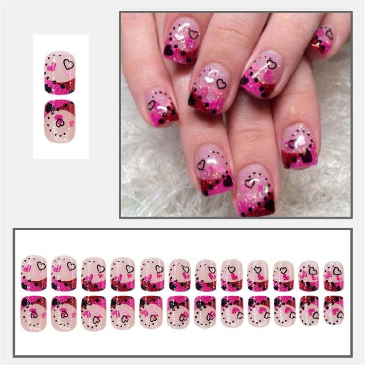 24 Pcs Valentines Day Press On Nail French Tip False Nail Short Square Full Cover Stick on Nail Heart Acrylic Nail