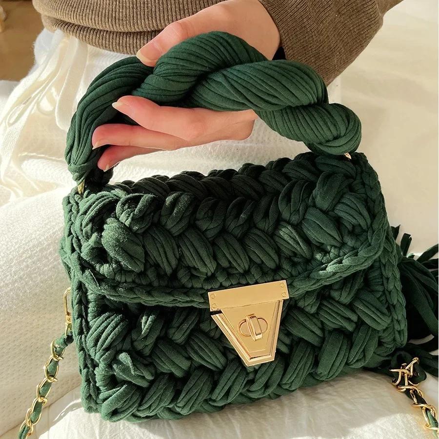 Fashion Wool Knitting Handmade Crochet Shoulder Bag Tassel Fabric Bags for Women Designer Thread Crossbody Fin Bag