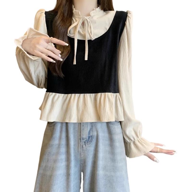 French Retro Faux Two-Piece Ruffle Shirt - Women's 2026 Stylish Autumn Long Sleeve Top