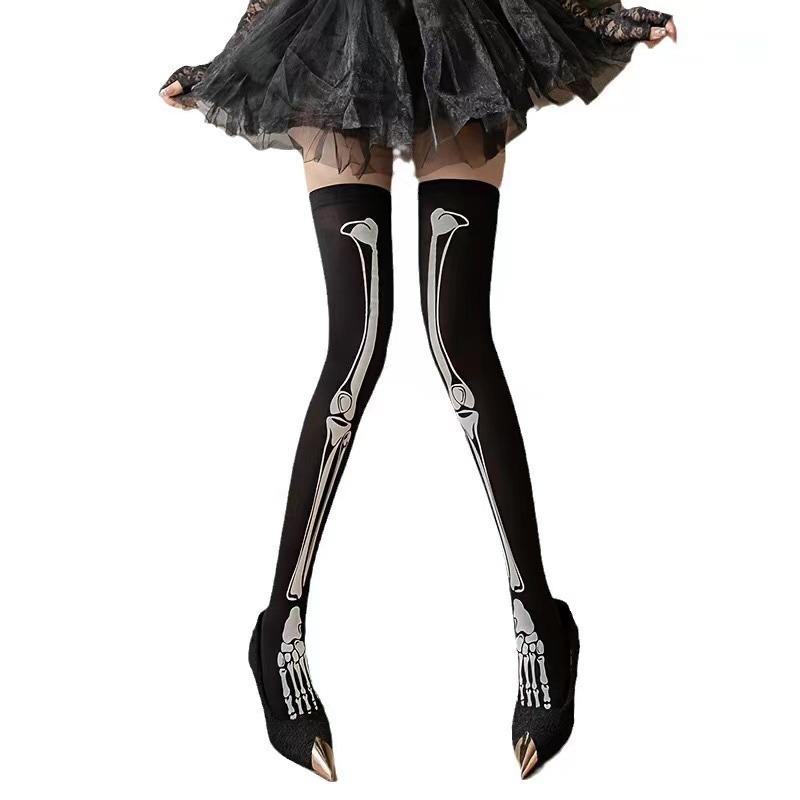 Black Gothic Punk Skeleton Socks Vintage Thin Knee High Non-Slip Over Knee Girls Punk Printing Long Tube Socks Cosplay Halloween