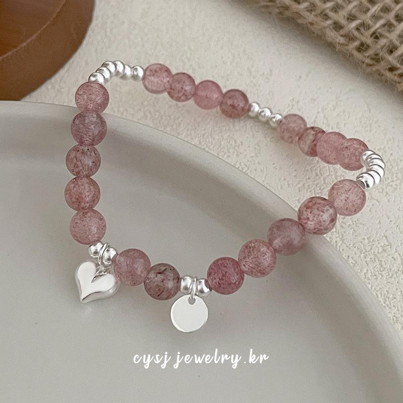 Cui Yan S925 Sterling Silver Korean Strawberry Crystal Bow Bracelet - Sweet Stackable Jewelry for Women