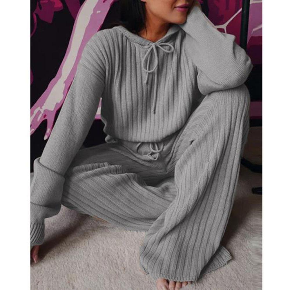 IHUASU Women's Autumn Solid-color Long-sleeved Loose Striped Hooded Casual Suit