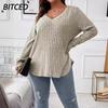 Women's Fashion Casual Solid Color Print Long Sleeve V Neck Blouses & Shirts