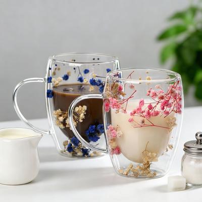 1/2 Piezas 350ML Taza de Doble Pared con Flores Secas Taza de Café Aislada con Asa Espresso Latte Cappuccino Leche Jugo Té Taza para Beber Agua