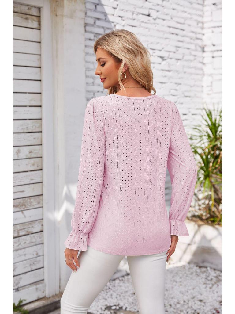 2024 Women's Solid Color V-Neck Long Sleeve Casual Loose T-Shirt