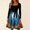 Women's Vintage Long Sleeve Square Neck Halloween Printed Party Dress for Evening Wear