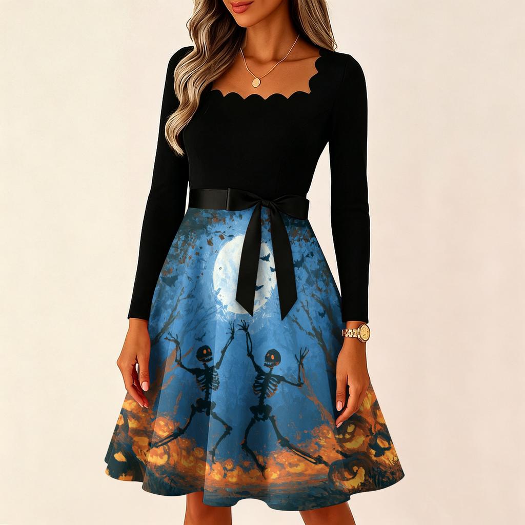 Women's Vintage Long Sleeve Square Neck Halloween Printed Party Dress for Evening Wear