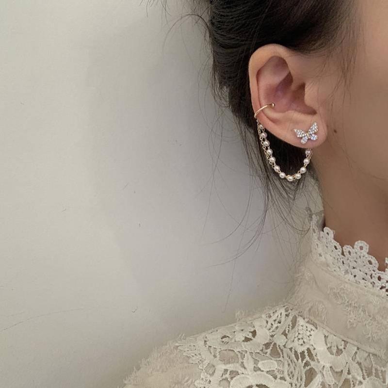 925 Silver Zircon Butterfly Pearl Chain Tassel Earrings with Ear Bone Clip