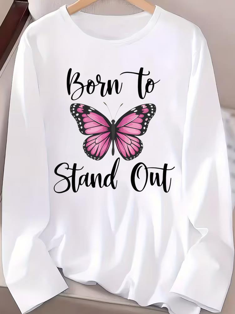 (Asian Size) Trend Butterfly Cute Tee Print T Shirt Women Clothing Autumn Winter Spring Casual Fashion Top O-neck Graphic Long Sleeve T-shirts