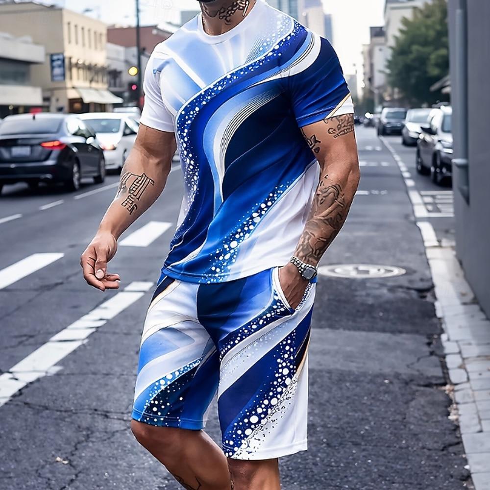 

Men s Geometic Line 2pcs Tees sets Summer Tops Short Sleeve Short Pants Crew Neck Sport Casual Daily Vacation Going out 3D Print Summer Spring S