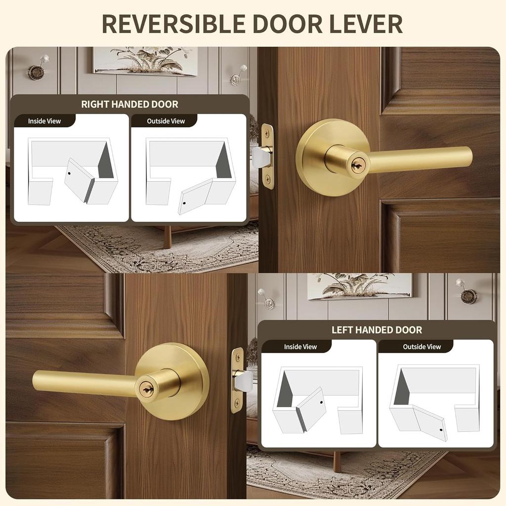 Moquin Brass Gold Heavy Duty Round Design Door Lever, Keyed Entry Door Handle in Gold, Reversible Door Lock for Front Entrance Door