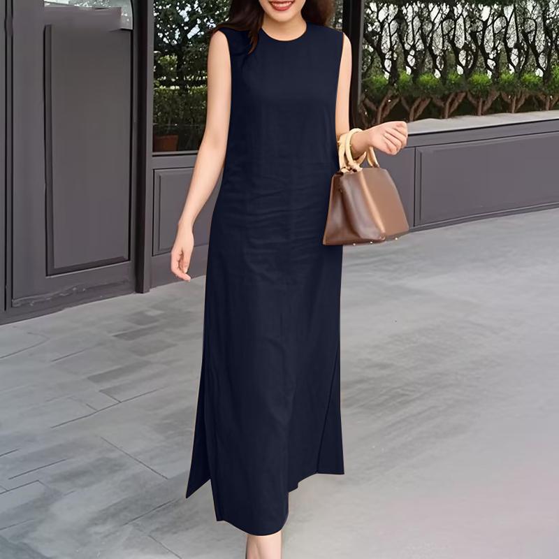 

ZANZEA Женское повседневное платье с круглым вырезом, без рукавов, с разрезом по подолу, длинное XL тёмно-синий