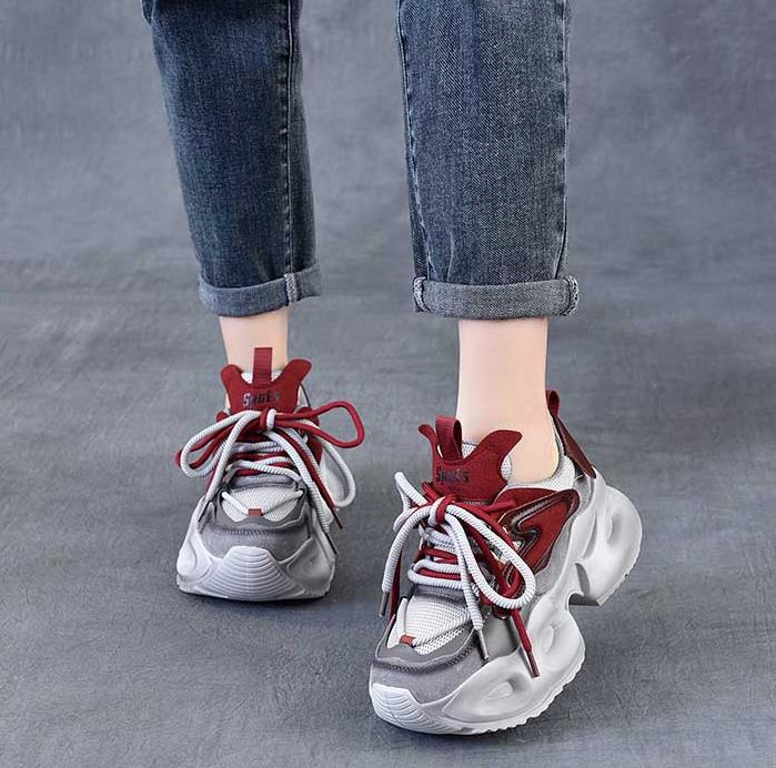 Moda 6CM Couro de Camurça Mesh Aérea Marca Alta Plataforma Anabela Primavera Verão Mocassim Vulcanizado Mulher Tênis Chunky Sapatos Respiráveis