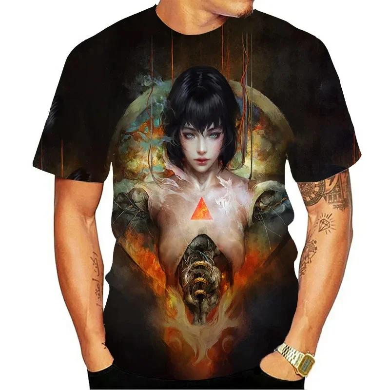 Summer Round Neck 3D Skull Beauty Pattern Print Top Fashionable Casual Short Sleeved Men's T-shirts