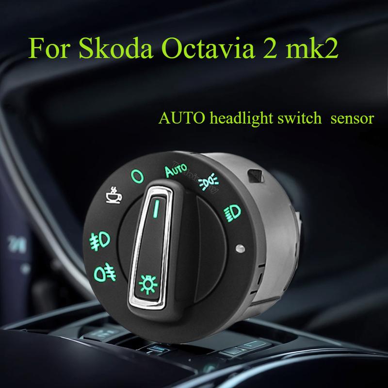 Car Green backlight AUTO headlight button light beam control fog lamp knob switch module for Skoda Octavia mk2 2014 accessories