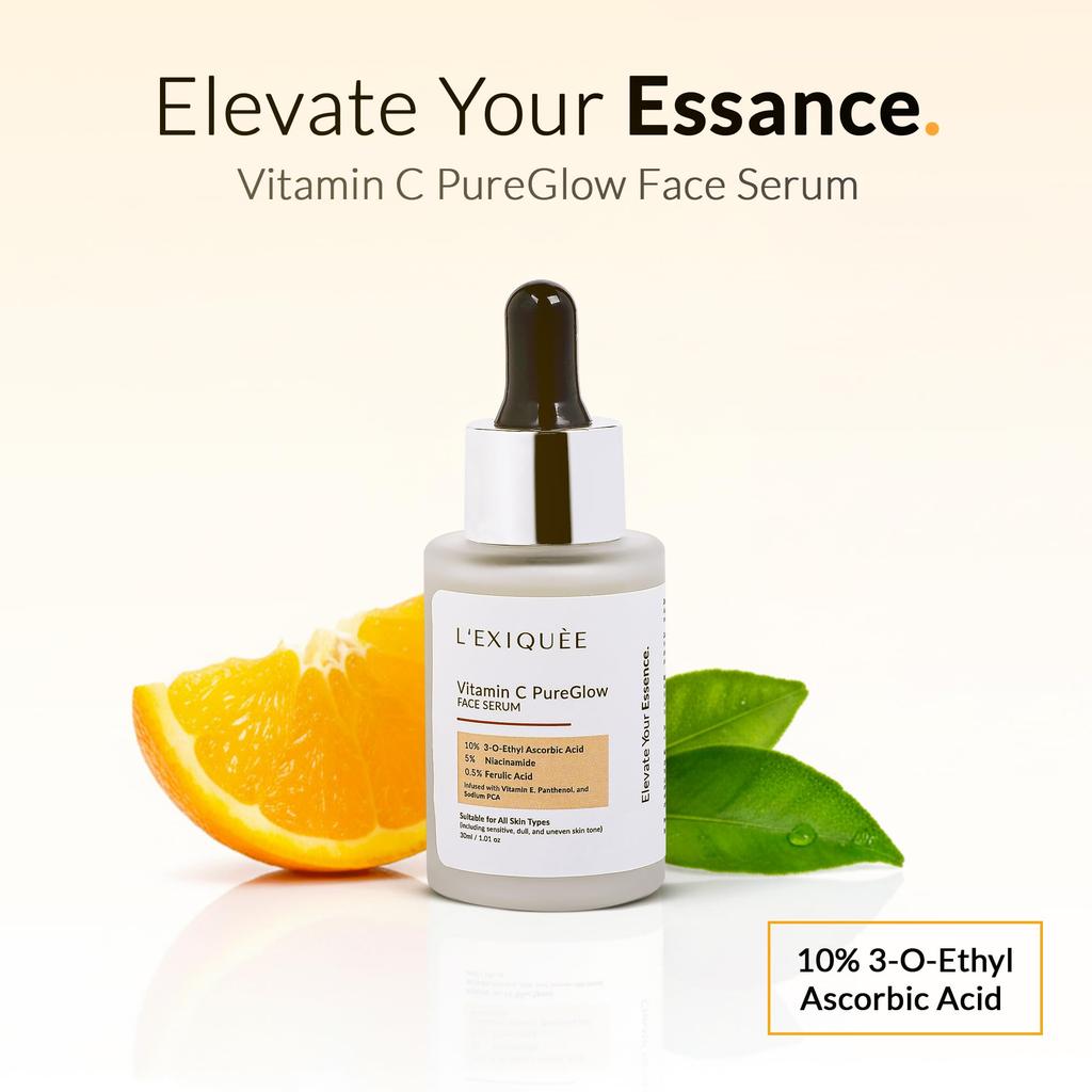 L'EXIQUEE Vitamin C PureGlow Face Serum 30ml | Brightens Dull Skin, Fades Dark Spots & Pigmentation | 10% 3-O-Ethyl Ascorbic Acid, 5% Niacinamide,