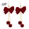 Christmas Gift for Her 1 Pair Velvet Bow Earrings Women Red Bowknot Dangle Drop Lightweight Alloy Ear Hooks with Ball Charm Jewelry New Year