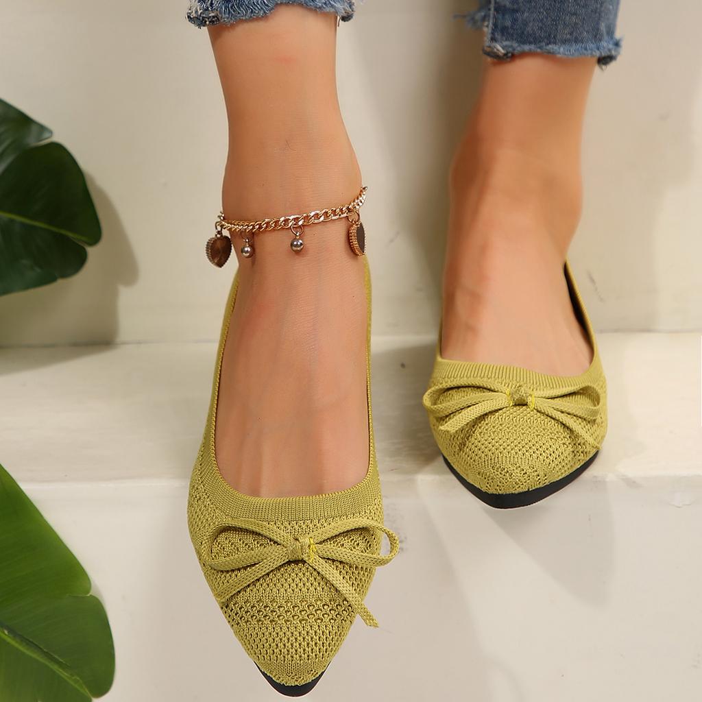 Fashion Pointed Bow Flying Flat Shoes Women's 2025 New Summer Casual Bean Shoes Knitted Soft Sole Knitted Women's Shoes Large Size 43