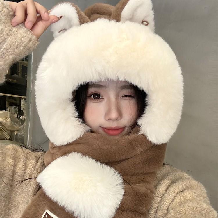 Cute plush hat with scarf integrated ear protection 2025 new three-piece set women's season warm and cold scarf