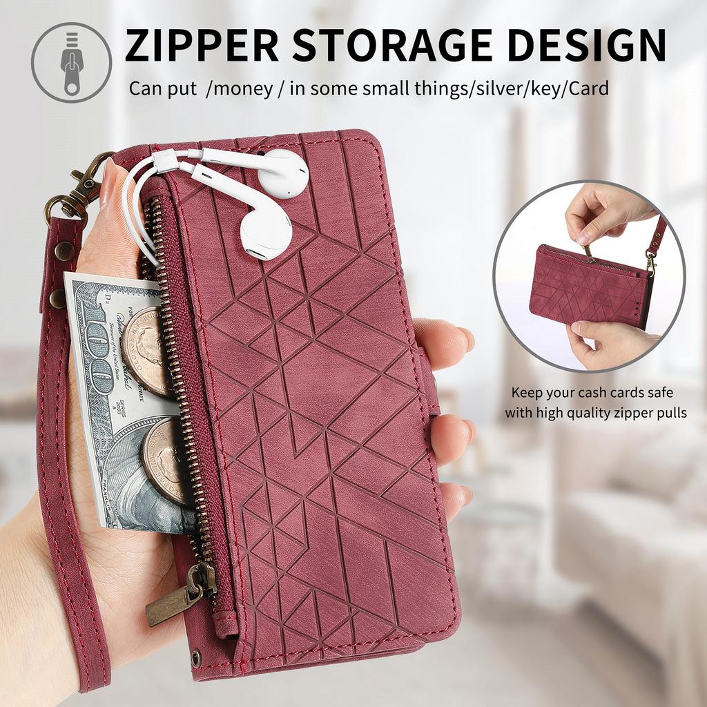 For Motorola Moto G35 5G Zipper Wallet Case Geometry Lines Leather Phone Cover with Strap
