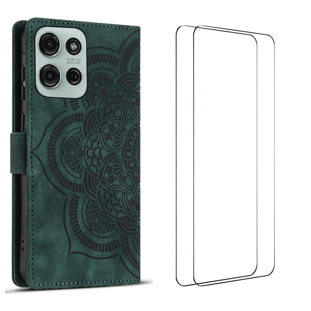 Für Motorola Moto G75 5G Hülle mit 2 Stück Panzerglas WANLONFENG MTL Serie Mandala Leder Handyhülle