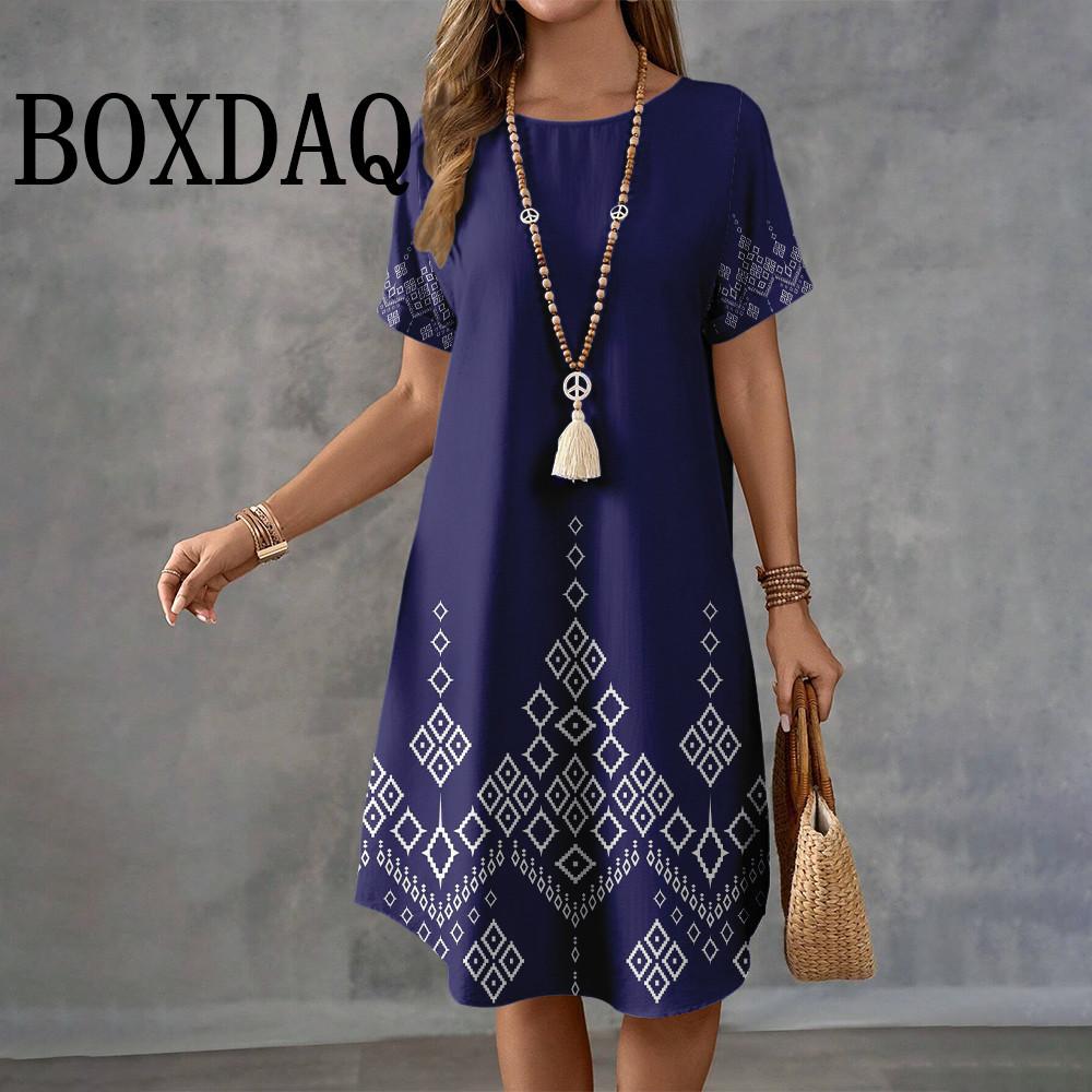 Letnie Retro Etniczny Nadruk Krótki Rękaw Casual Damska O-Neck Długość do Kolana Modne Eleganckie Damskie Sukienki A-Line