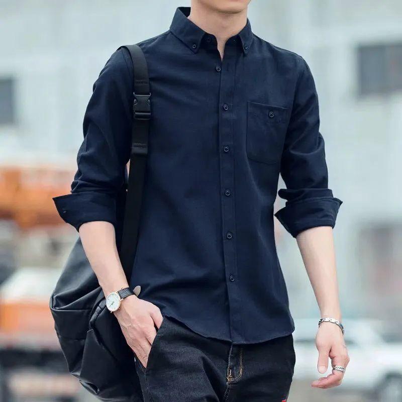 Spring Autumn Polo-neck Solid Long Sleeve Business Shirt Single Breasted Top Cardigans Men