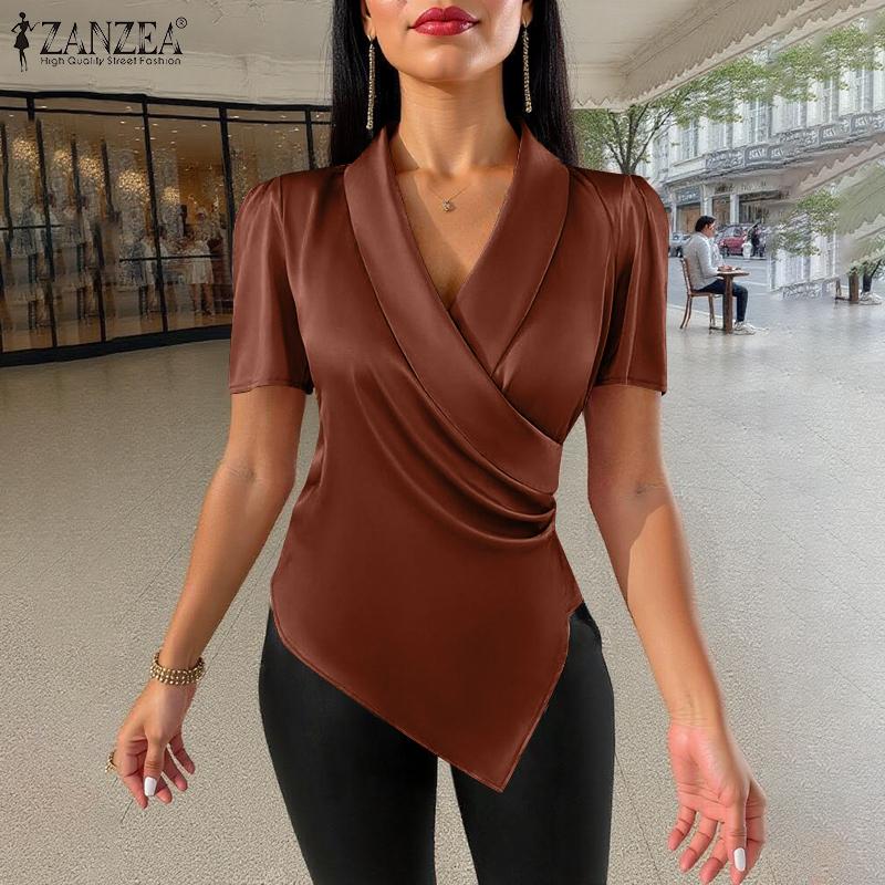 ZANZEA Bluză casual pentru femei, cu decolteu în V, subțire, cu tiv neregulat, mânecă scurtă