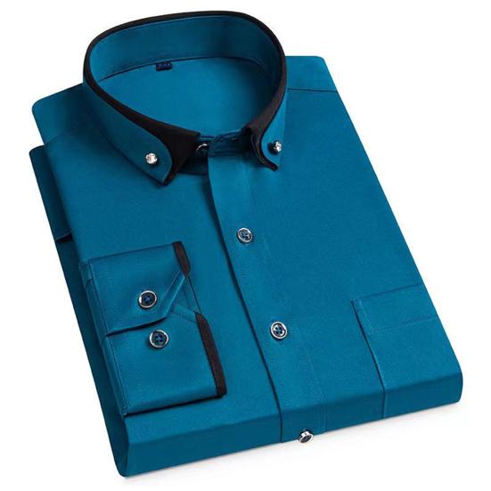 Men Shirt Formal Business Style Long Sleeve Lapel Contrast Color Single-breasted Pocket Soft Breathable Plus Size Mid Length Anti-wrinkle