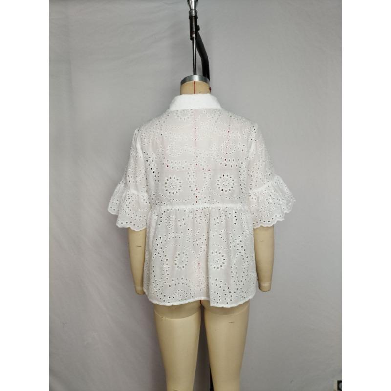 Womens Eyelet Embroidery Peplum Shirt With Point Collar And Ruffle Short Sleeve Casual Blouse