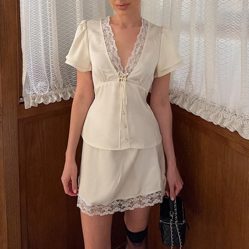 Womens Satin 2-Piece Dress Set Lace Short Sleeve Top Old Money Style