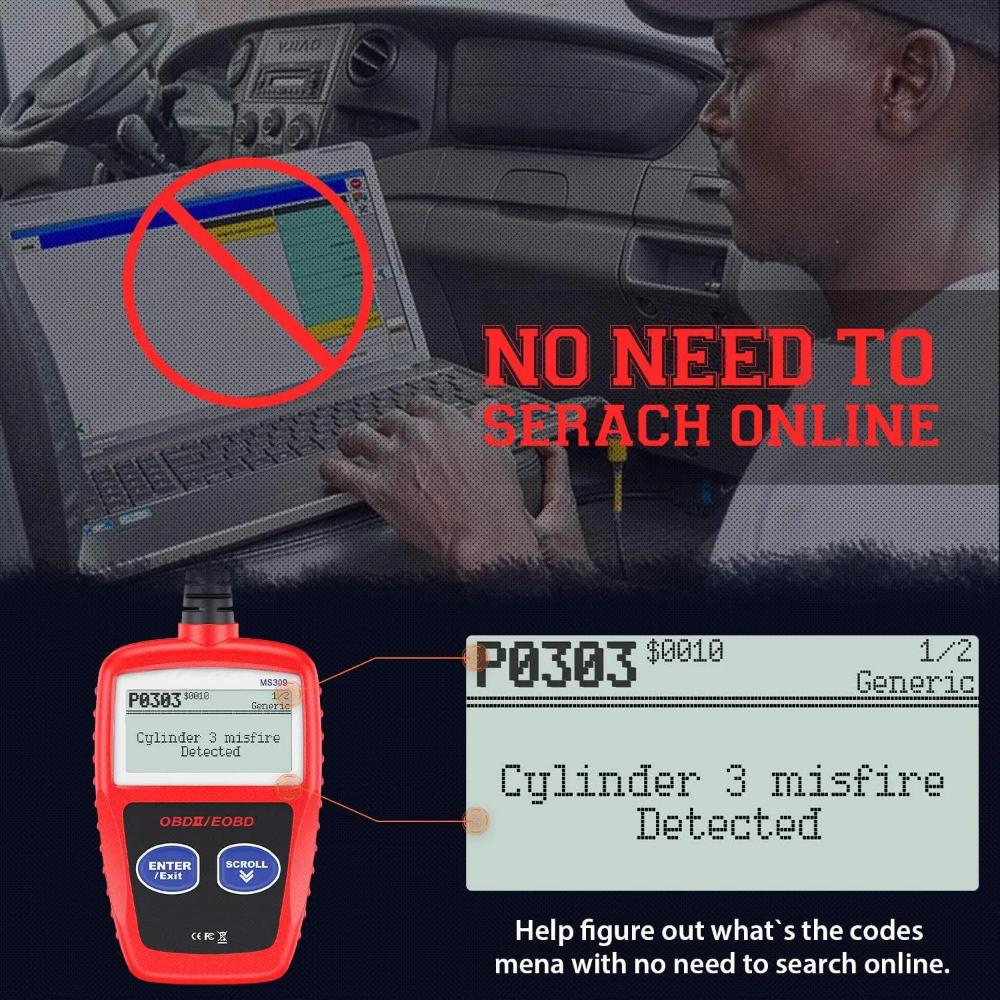 MS309 Čtečka kódů závad automobilu Přesný diagnostický nástroj motoru skener kontroluje kontrolku motoru a stav monitorování emisí