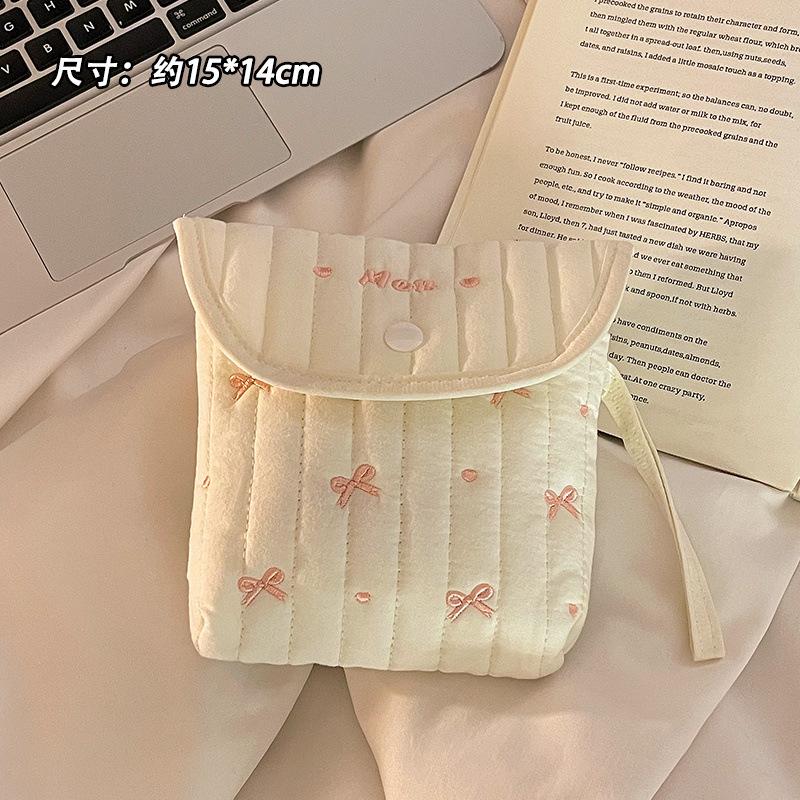 Large Capacity Embroidery Cosmetic Bag Menstruation Towel Storage Bowknot Bow Makeup Bag Small Item Bag Cotton Cloth