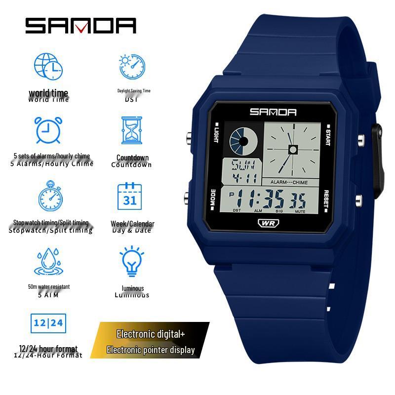Sanda Multifunctional Waterproof Luminous Electronic Watch with World Time & Alarm - Ideal for Students