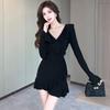 Spring and Autumn New V-Neck Knitted Dress Women's Lotus Leaf Edge Trumpet Sleeve Slim French Small Black Dress Pure Tide