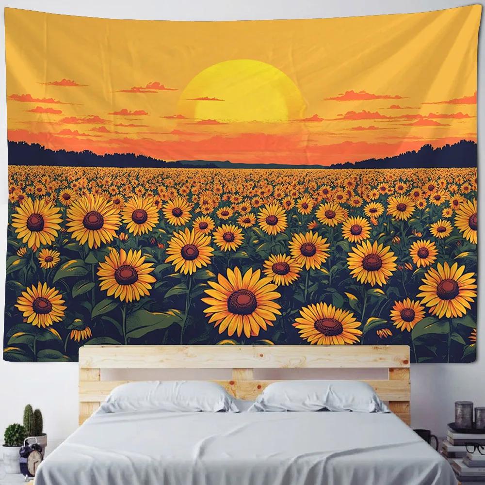 Sunflower Oil Painting Tapestry - Living Room Wall Hanging Art Music Party Background Aesthetic Home Decor