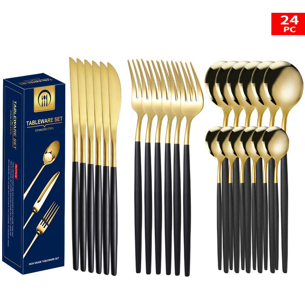 Set tacâmuri din oțel inoxidabil Portugal Gold, 24 de piese: Cuțit de Steak, Furculiță, Lingură de Hotel în Cutie Cadou