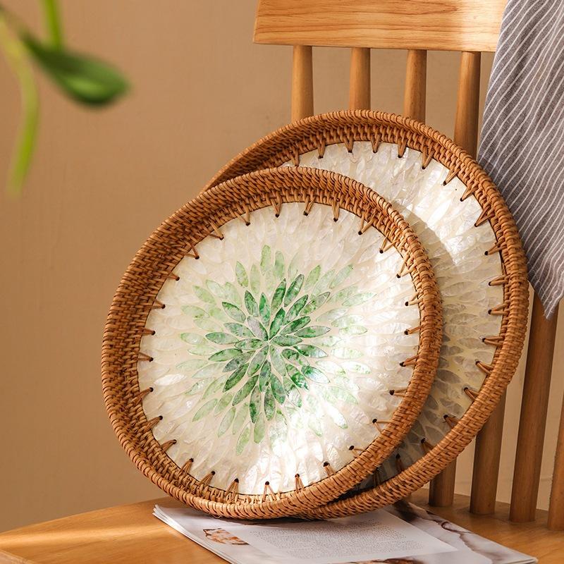 Color Shell Jewelry Cosmetics Food Teacup Storage Trays Handmade Rattan Fruit Dessert Bread Pans Round Rattan Decoration Trays