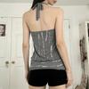 Y2K Retro Fashion Personality Metal Ring Tie Halter Neck Tube Top Street Style Silver Foil Shimmer Trendy Sexy Top