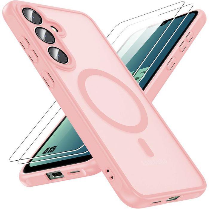 Case for Samsung Galaxy A15 4G/5G, Shockproof with Magnetic Ring - Pink - 2 Tempered Glasses