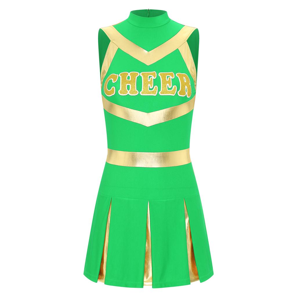 Womens Sparkling Cheerleader Dress Sleeveless Pleated Print Design Youthful Schoolgirl Uniform Halloween Costume