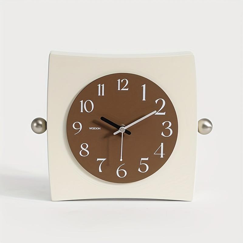Unique Square Wall Clock with Curved Appearance, Metal Ball Decorations, Rotatable Dial, Beige Face with Black Numbers, Silent Operation, Wooden Frame
