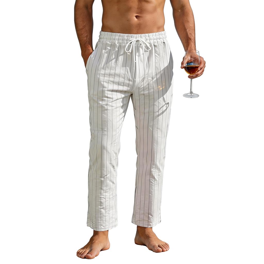 Men's Drawstring Waist Relaxed Fit Linen Lounge Pants with Pockets Lightweight Breathable Casual Trousers for Home Beach Yoga