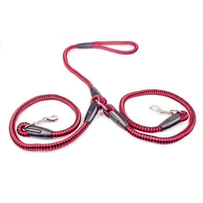 Laisse de chien double en ruban de nylon solide une corde de traction enchevêtrement tressée rouge et noir