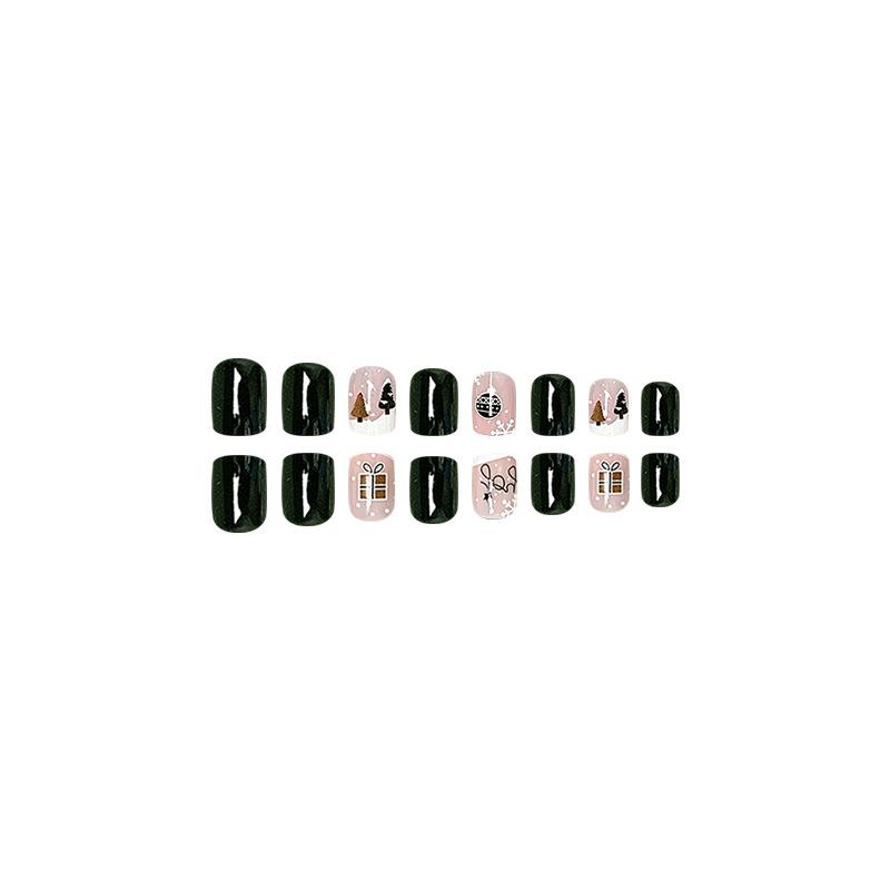 24pcs Press On Nails Simple Cute Christmas Tree Nail Art Pieces Dark Green White Snow False Nails Short European Square Nail Art Pieces Removable