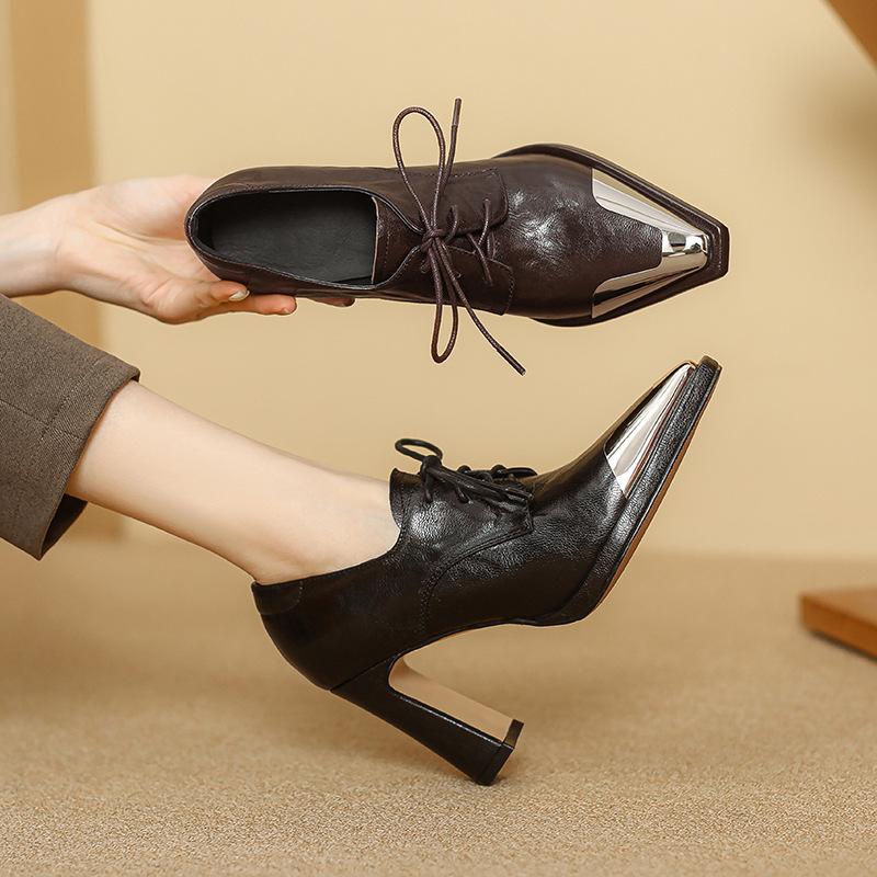 

Женская обувь новая 2024 популярные туфли на высоком каблуке осенние одинарные туфли толстый каблук черные профессиональные квадратный носок на шнуровке средний каблук с глубоким вырезом 39 коричневый