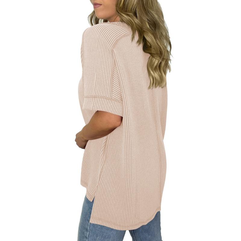 Women European Style V Neck Batwing Sleeve Spliced Slit Loose Pullover T Shirt