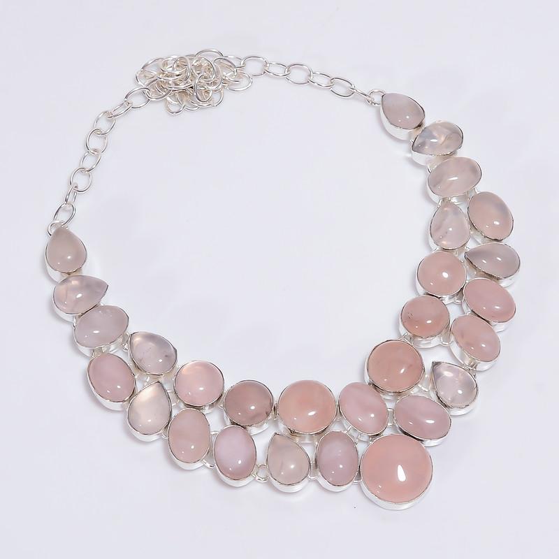 

Amazing Top Grade Qualite 100% Natural Rose Quartz Ethnic Style Handmade Jewelry 925 Steling Silver Plated Necklace 17 WSJ-4780 срібний