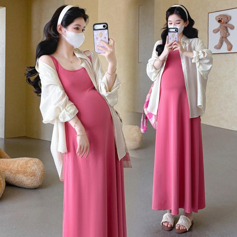 Maternity Summer Sun Protection Cardigan & Vest Dress Set - Casual Two-Piece Skirt