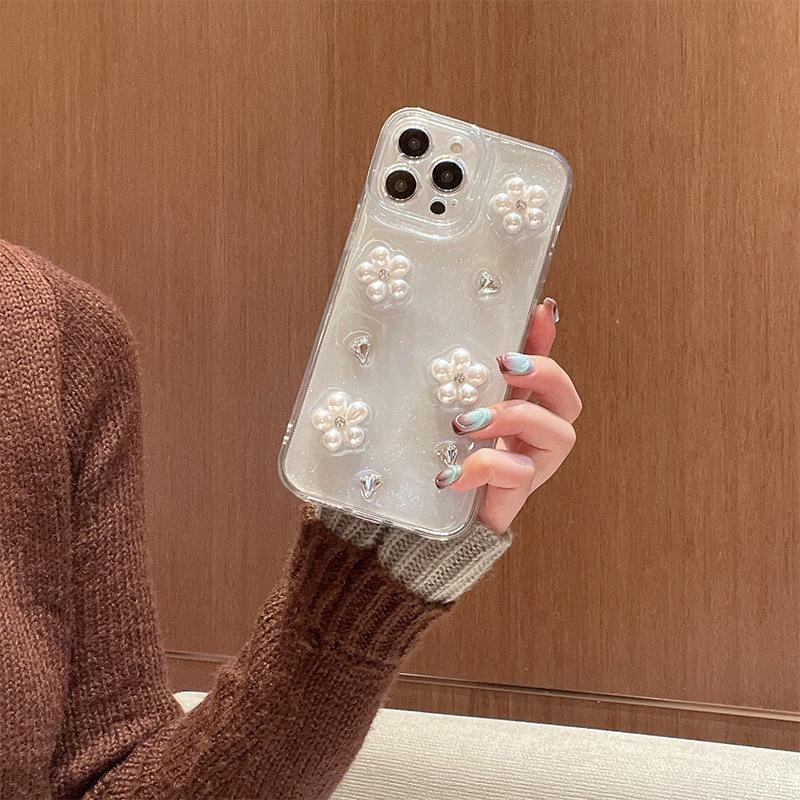

Apple 17Promax Pearl Flower Rhinestone Mobile Phone Case For Iphone16 Epoxy Transparent Glitter 14 Women S Models iPhone 7/8/SE 2020